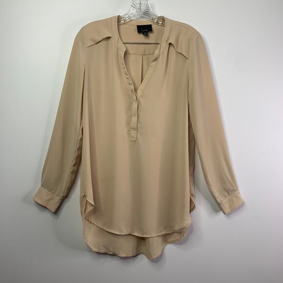 Lumiere Beige Henley Tunic Ballon Sleeves Medium Hidden Buttons Round Hem Light - Picture 1 of 11